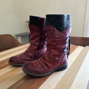 Rieker Women's Burgundy Leather Combat Boots